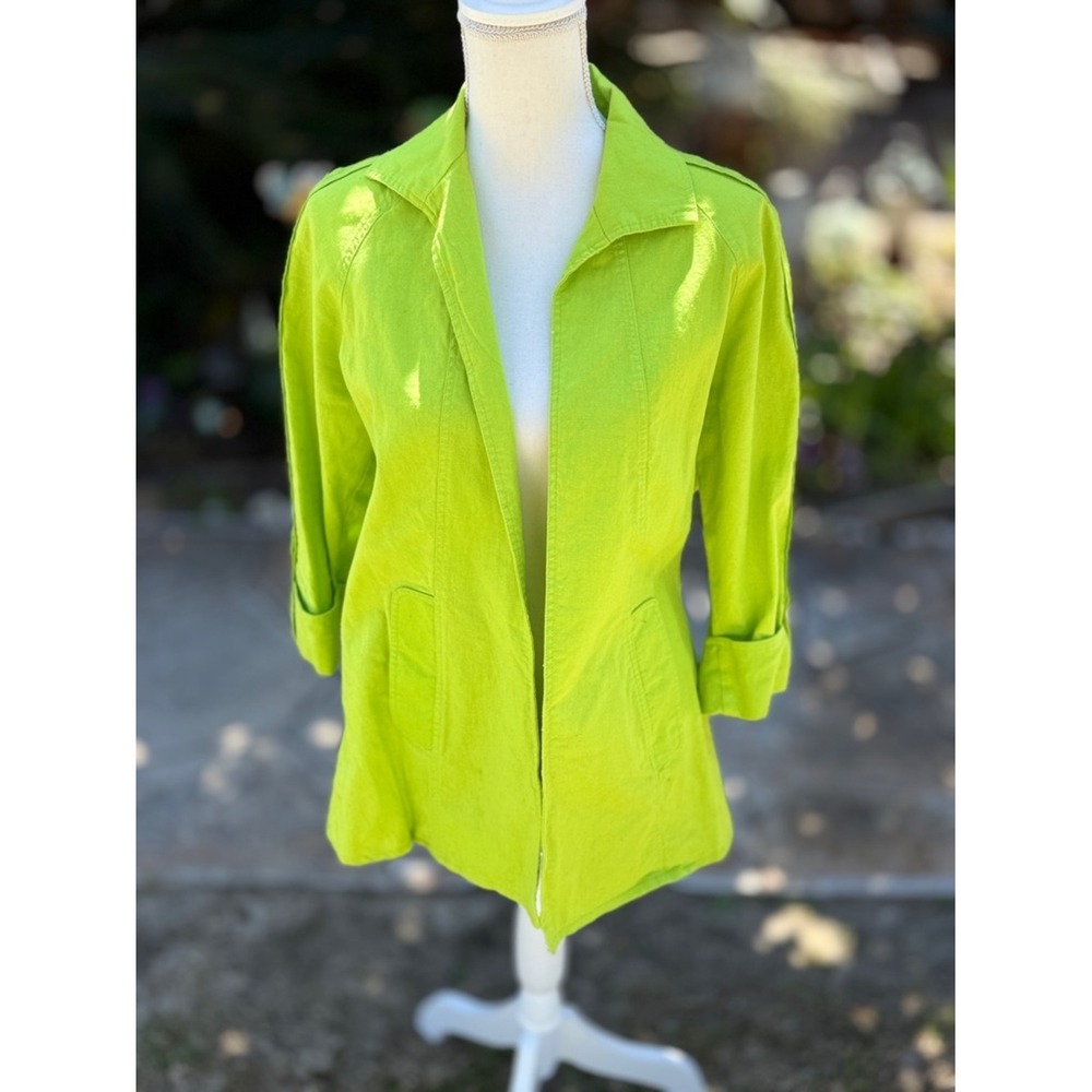Multiples Lime Green Linen-Cotton Open front shacket sz petite M